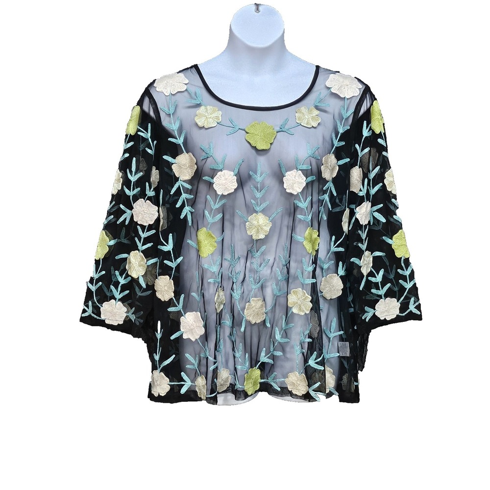 Parsley & Sage Top Women 2X Mesh Sheer Floral Garden Botanical Granny Whimsigoth